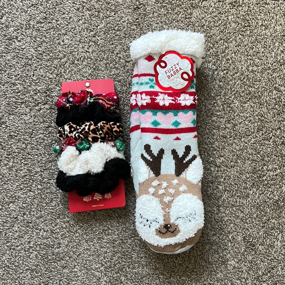 Christmas fuzzy socks and scrunchies